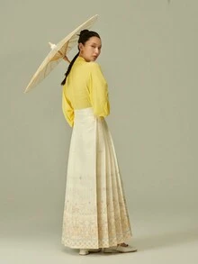 LANZEYILV Women's Retro Chinese Style Floral & Pipa Pattern Brocade Long Skirt - Beige - View 3