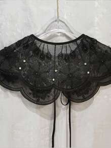 1 件女式可拆卸蕾丝假领衬衫云肩彼得潘领刺绣蝴蝶结假领衣服衬衫配饰 - 黑色 - 查看 9