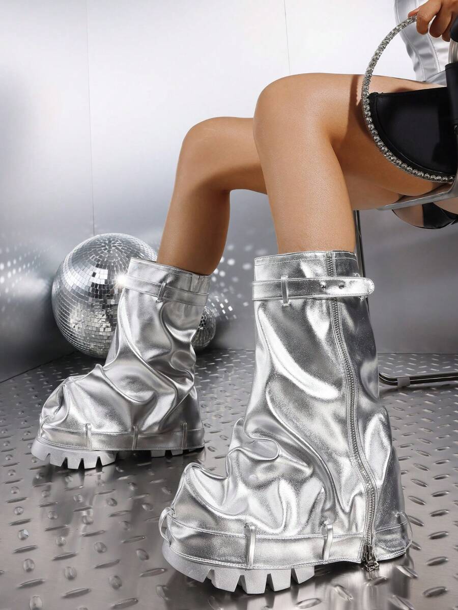 Fashion Punk Slouchy Fold-Over Platform Boots Sexy Chunky Wedge Party Knee High Motorcycle Boots - Silver - View 1