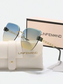 LINFEMAND 无框猫眼镂空设计女士时尚眼镜，奢华渐变镜片，适合夏季海滩度假、户外旅行等场合，优雅链条风格，超大蝴蝶框 - 彩色 - 查看 5
