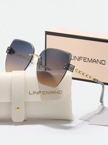 LINFEMAND 无框猫眼镂空设计女士时尚眼镜，奢华渐变镜片，适合夏季海滩度假、户外旅行等场合，优雅链条风格，超大蝴蝶框 - 彩色 - 查看 3