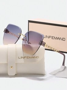 LINFEMAND 无框猫眼镂空设计女士时尚眼镜，奢华渐变镜片，适合夏季海滩度假、户外旅行等场合，优雅链条风格，超大蝴蝶框 - 彩色 - 查看 6