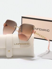 LINFEMAND 无框猫眼镂空设计女士时尚眼镜，奢华渐变镜片，适合夏季海滩度假、户外旅行等场合，优雅链条风格，超大蝴蝶框 - 彩色 - 查看 2