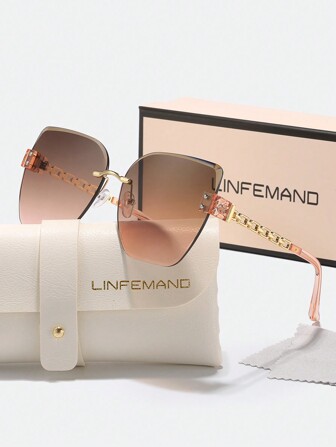 LINFEMAND 无框猫眼镂空设计女士时尚眼镜，奢华渐变镜片驾驶海滩旅行节日礼物，适合夏季海滩度假、户外、旅行色调链优雅风格超大蝴蝶镜框