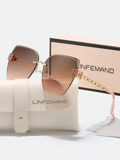  LINFEMAND 无框猫眼镂空设计女士时尚眼镜，奢华渐变镜片，适合夏季海滩度假、户外旅行等场合，优雅链条风格，超大蝴蝶框