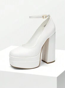 Women's High Chunky Platform Square Toe Heels Pumps Closed Toe Block Ankle Strap Solid Color Dress Fashion Party Y2K Shoes