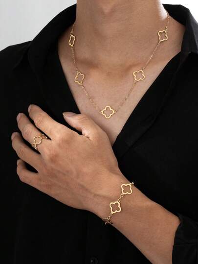 1 Set Minimalist Hollow Quatrefoil Chain Necklace Bracelet Ring Jewelry Set For Men, Wedding/Daily Gift