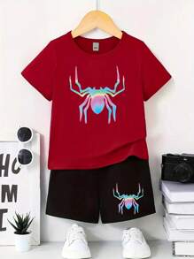 2 piezas athleisure patrón de araña de cuello redondo de manga corta pantalones cortos de gimnasia conjunto, adecuado para el diario casual de viaje - Burdeos - Ver 1