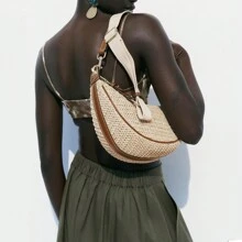Straw Crossbody Bags For Women Beach Crescent Bag Summer Chic Woven Handbag Shoulder Purse Adjustable Strap - Multicolor - View 3