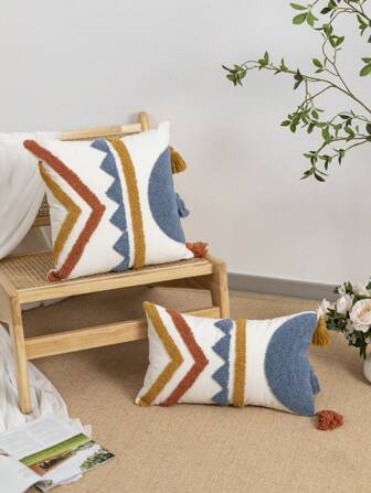 1 件/2 件几何图案雪尼尔刺绣抱枕套，材质，斯堪的纳维亚风格流苏装饰靠垫套，日常居家房间沙发腰枕套，节日生日派对装饰 30*50cm/45*45cm