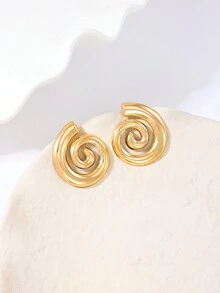 1pair Fashionable Vintage Metal Spiral Design Stud Earrings For Women, Suitable For Beach Party - Simple Style - View 3