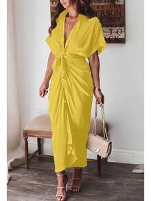 Vestidos Largos Elegantes para Mujer Moda Unicolor, con Botón Delantero, Transpirables y Cómodos, Ajustadoss - Amarillo - Ver 3