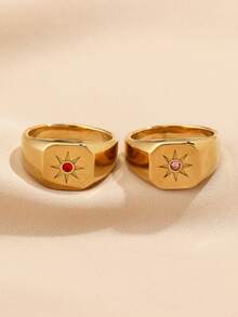1pc Stainless Steel Fashionable And Gorgeous Retro Style Women's Pink And Red Diamond Sun Shape Pattern Ring, Suitable For Women's Daily Wear Or Gift Giving - Yellow Gold - View 3