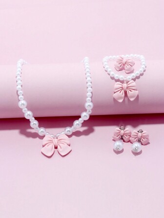 5pcs/Set Girls Cute Bow Pendant Necklace Bracelet Earrings Ring Jewelry Set, Charming Beaded Children's Jewelry, Suitable For Girls Birthday Party Gift