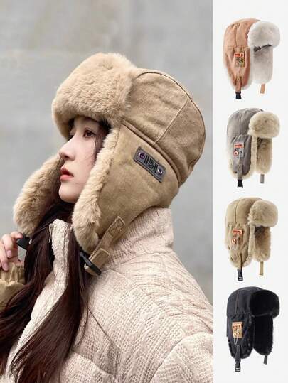 1pc Fashionable & Versatile Premium Casual Warm Earmuff Thick Fleece Windproof Winter Trapper Hat Halloween