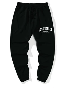 Pantalones Deportivos Para Hombre Con Letras Impresas Y Cintura Con Cordón - Negro - Ver 2