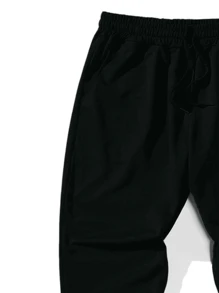 Pantalones Deportivos Para Hombre Con Letras Impresas Y Cintura Con Cordón - Negro - Ver 4
