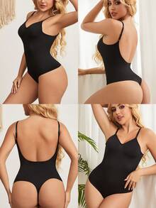 1pc Women's Seamless Plus Size Tummy Control Bodysuit Shapewear With Open Back And Thong Bottom - Black - View 4