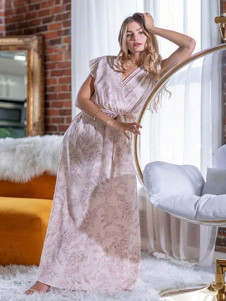 Retro Boho Woven Floral Pink Yellow Maxi Surplice Wrap Sah Dress Front Tie Flutter Sleeve - Pink - View 1
