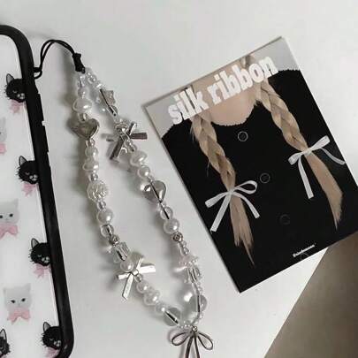 Handmade Baroque Faux Pearl Silver Bowknot Sweet Phone Lanyard With Butterfly Pendant, For Cell Phone And Camera Decor Gifts For Mother, Family, Friends, Birthday, Holiday Phone Charm, Phone Chain