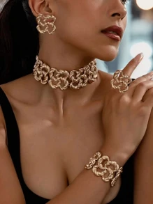 5 件/套时尚珠宝套装，包括 1 条项链、1 条手链、1 个戒指和 1 对耳环，金属几何镂空花朵吊坠设计，适合作为情人节礼物 - 金色 - 查看 3