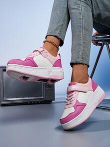 Zapatos de patines con ruedas duales extraíbles, moda calzado deportivo casual, ligero y transpirable, multiusos unisex para niños - Rosa - Ver 4