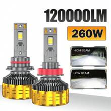 HYNBYZJ 2 件/套 H1 H7 H11 9005 9006 H4 LED 大灯灯泡，120000LM，260W，6000K 冷白，HB3 HB4 HB2 卤素灯替换件，航空级铝材，集成外部驱动器，1：1 精确光形，更高亮度，高端智能。 - 白色 - 查看 1