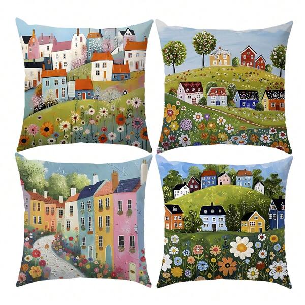 4pcs Colorful Floral Village Cushion Covers, Single-Sided Printed Soft Peach Velvet Material, 45*45cm/50*50cm Pillow Covers For Indoor Decor, Party Decoration, Decorative Pillow Gift
