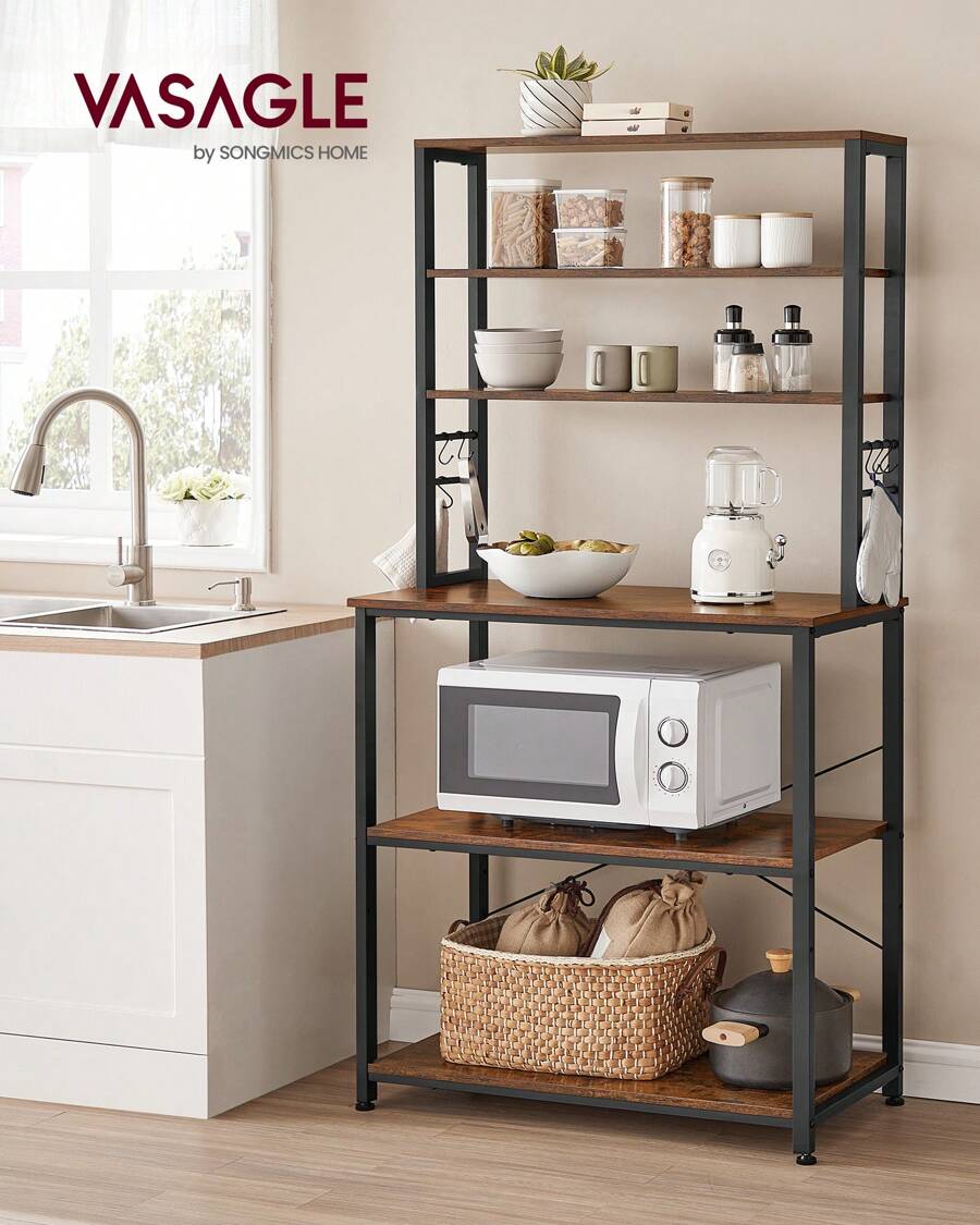 VASAGLE Kitchen Baker's Rack, Tall Kitchen Unit With Storage Shelves, 6 Hooks And Metal Frame, Industrial Microwave Shelf - Brown - View 1