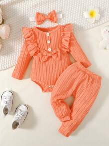 3pcs Baby Girl Bow Ruffle Trim Bodysuit, Pants And Headband Set, Fall/Spring - Coral Orange - View 3