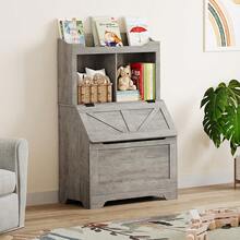 Bookshelf And Storage Organizer, Large Wooden Chest With Flip-Top Lid And Cubby, Bookcase With Storage Cabinet For Playroom Bedroom Hallway - Grey - View 6