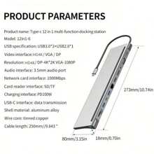 12-In-1 USB-C Hub, USB3.0 HD VGA Adapter, SD/TF Card Reader, Ethernet Port, Multi-Display Expansion Dock For Laptop - Silver - View 10