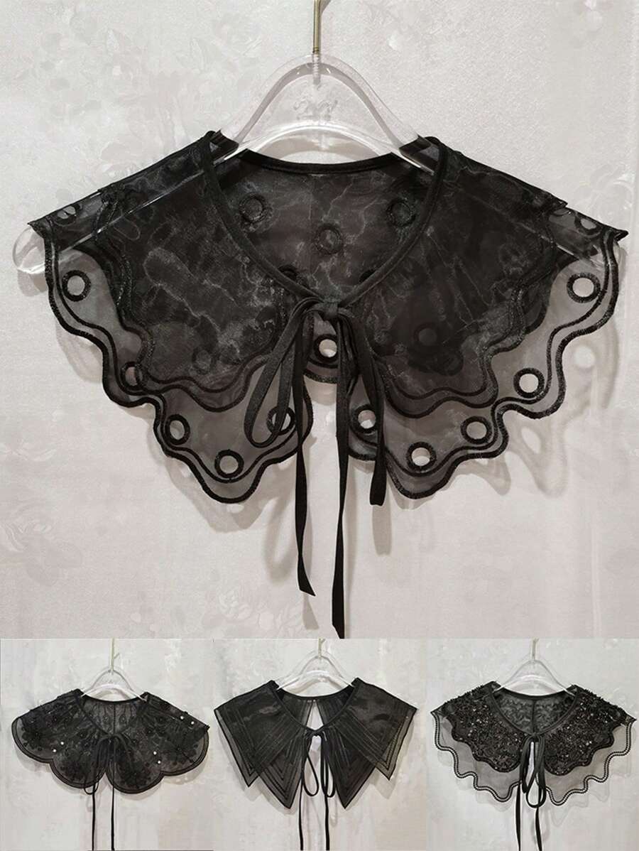 1 件女式可拆卸蕾丝假领衬衫云肩彼得潘领刺绣蝴蝶结假领衣服衬衫配饰 - 黑色 - 查看 1