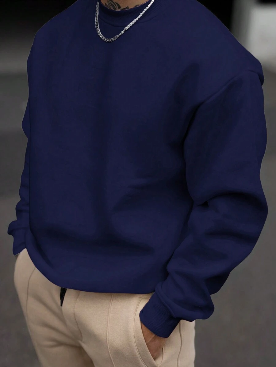 男士纯色圆领长袖套头运动衫，休闲日常穿着 - 藏蓝色 - 查看 1