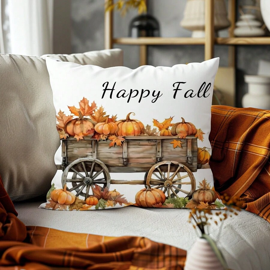 1pc Simple Autumn Pumpkin & Carriage Pattern Soft Velvet Throw Pillow Cover, 45*45CM Decorative Cushion Case For Home, Party, Gift - Multicolor - View 1