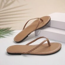 1 Pair Solid Color Woven Flat Non-Slip Women Flip Flops - Brown - View 6