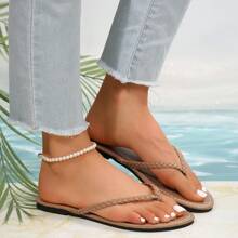 1 Pair Solid Color Woven Flat Non-Slip Women Flip Flops - Brown - View 3