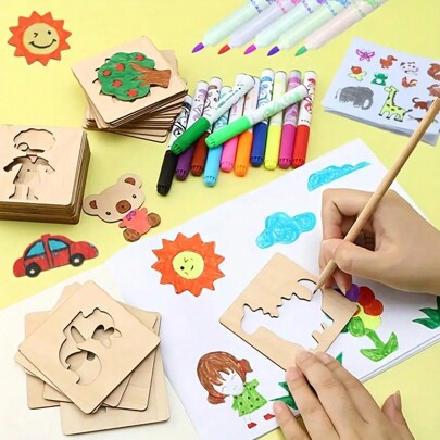 5/10/20pcs, Total 20 Reusable Wooden Painting Stencils, Suitable For DIY Painting And Crafting - Perfect Gift For Birthday, Christmas, Halloween And Easter, Gift For Kids, Back To School Gift