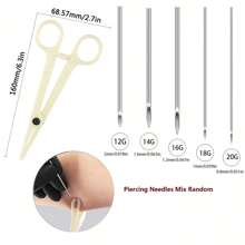 86 件/套穿刺套件，适用于所有身体穿刺，带穿刺首饰，适用于鼻中隔肚脐唇耳舌软骨眉毛，12G 14G 16G 18G 和 20G 穿刺针随机混合 - 銀色 - 查看 2