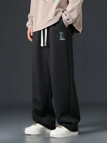 Herren Lässige Lose Hose mit Bären Stickerei Muster, gerades Bein