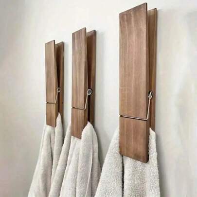 1pc "Aesthetic Appeal" Rust-Resistant Wooden Towel Holder With Large Clothespin - Wall Mounted, Casual Style Bathroom Organizer