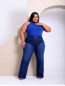 Wide Leg Plus Size With Lycra High Waist Dark Wash - 深色水洗藍 - 查看 3