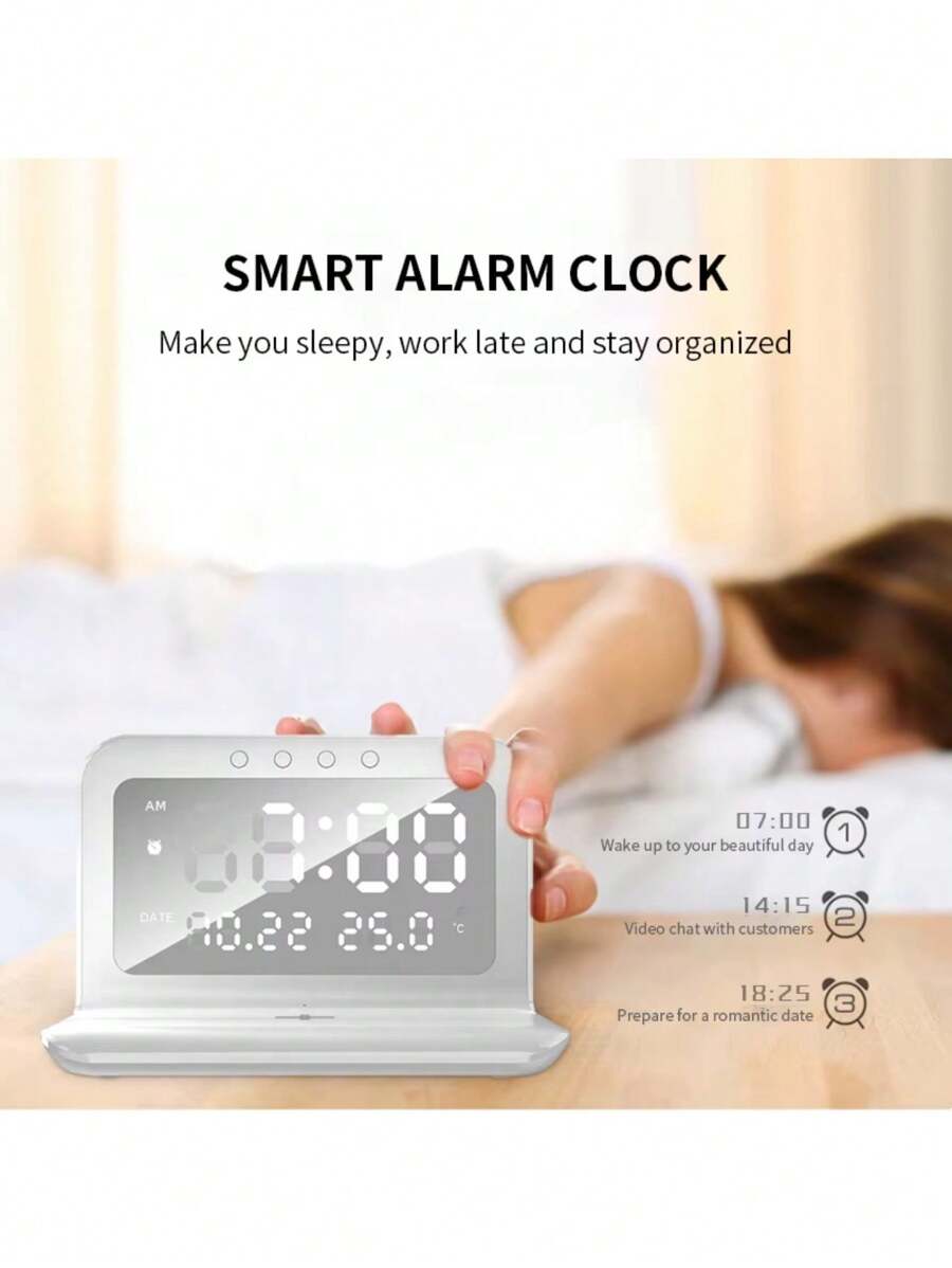 Wireless Charger Pad Stand With Alarm Clock Thermometer Compatible With