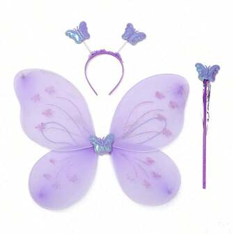 3pcs Cute Polyester Angel Butterfly Wing Set With Headband And Wand, Party Supplies, Stage Show Props, Cosplay Dress-Up Accessories Prom