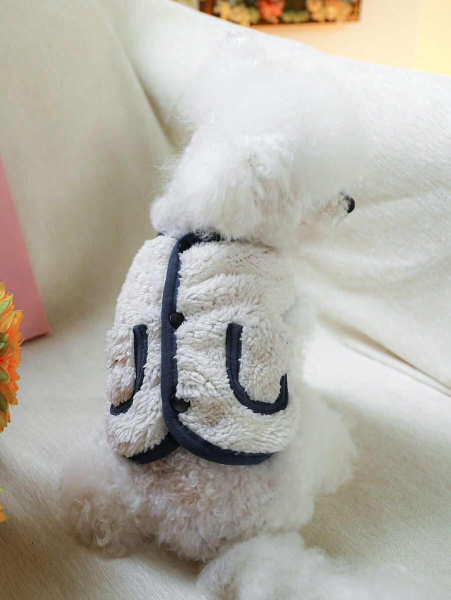 1pc Plush Vest Pet Coat For Dogs & Cats, Warm Fleece Jacket With Navy Trim, Autumn Winter