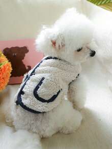 1pc Plush Vest Pet Coat For Dogs & Cats, Warm Fleece Jacket With Navy Trim, Autumn Winter