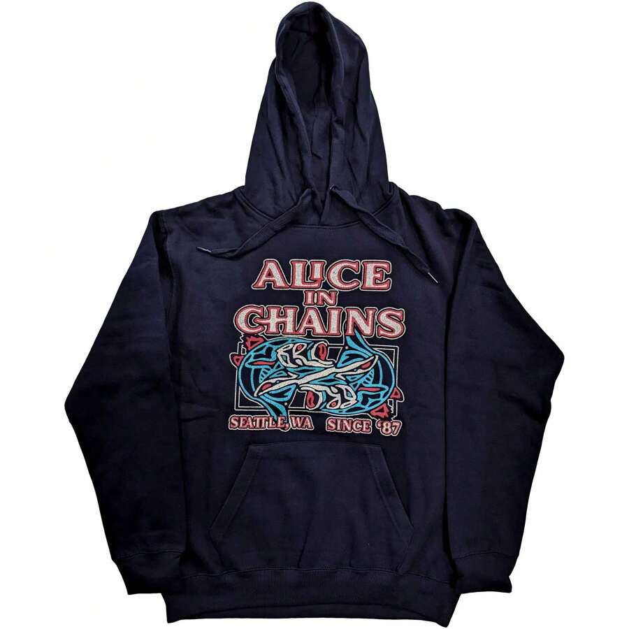 Alice In Chains Unisex Pullover Hoodie: Totem Fish - Ships In 48 Hours - Make A Statement With This Bold Totem Fish-Inspired Hoodie, Blending Comfort With Iconic Grunge Energy. Crafted From Ultra-Soft Fleece, It Delivers All-Day Coziness While Showcasing Striking Artwork That Captures The Dark, Haunting Spirit Of Alice In Chains. Perfect For Concerts, Streetwear, Or Layering On Chilly Days, This Hoodie Lets You Wear Legendary Seattle Rock Loud And Proud. - Blue - View 1