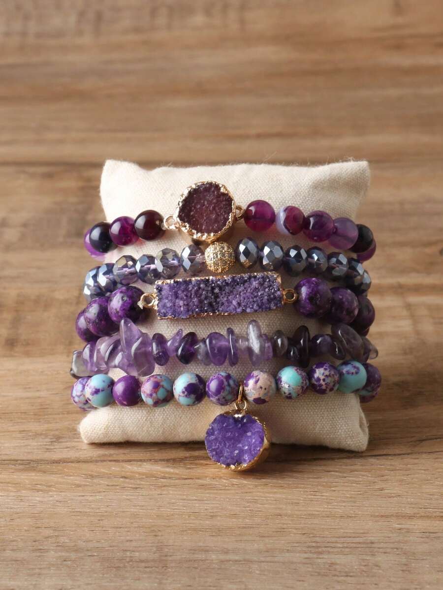 gxtbw 5 piezas Juego de pulseras de cuentas de piedras naturales de colores, juego de joyas elásticas hechas a mano apilables - Pulsera - Ver 1