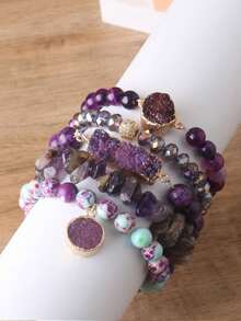 gxtbw 5 piezas Juego de pulseras de cuentas de piedras naturales de colores, juego de joyas elásticas hechas a mano apilables - Pulsera - Ver 2