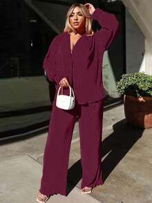 Conjunto de 2 piezas de camisa plisada casual y pantalones de pierna ancha para mujeres